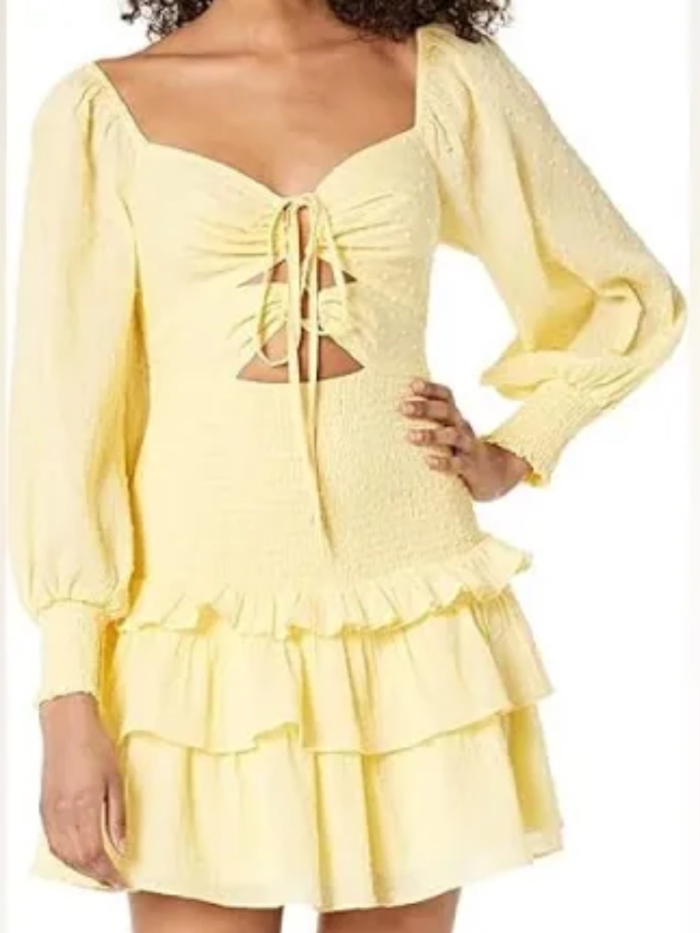 ASTR the label Yellow Puff Long Sleeve Smocked Tie-Front Mini Dress Medium